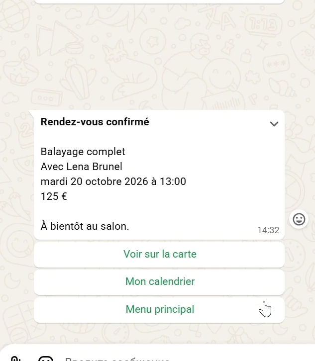 Capture de la confirmation d’un rendez-vous test : Balayage complet, 20 octobre 2026